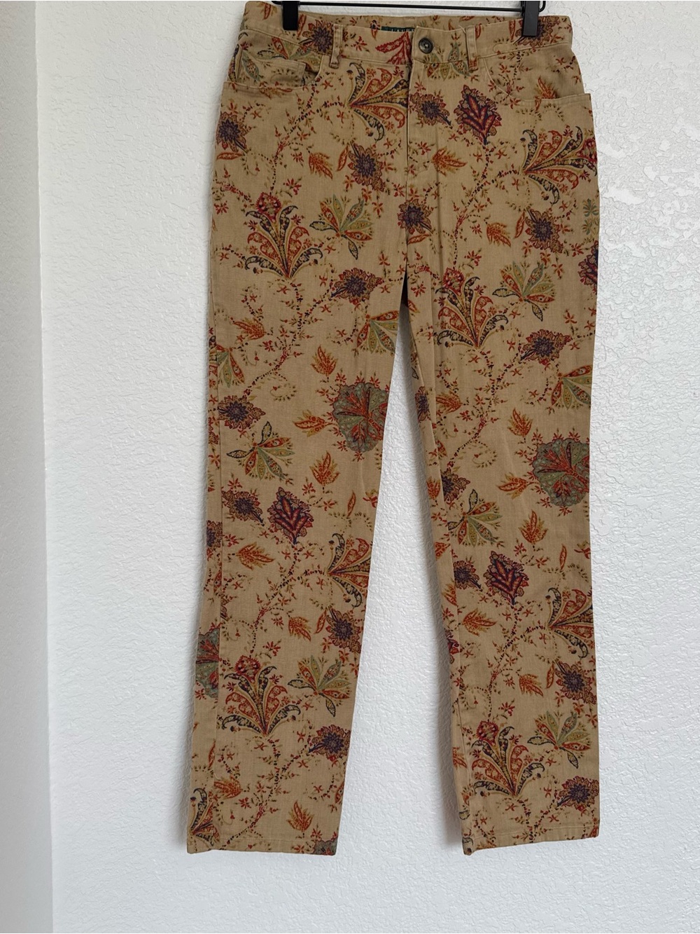 Lauren Ralph Lauren Tan Floral Paisley Print Straight Leg Pants